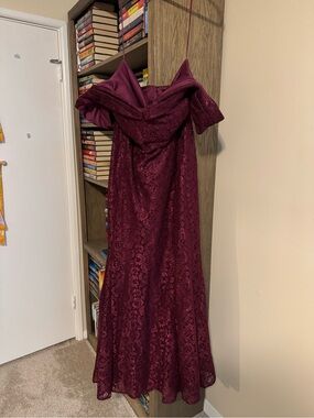 R&M Richards Strapless Burgundy Lace Evening Gown